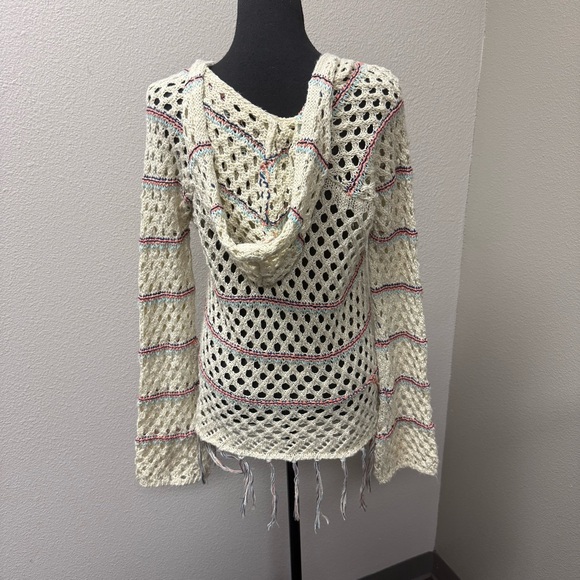 Poof! by Free People Open Knit Fringe Sweater Cream Boho Festival Beach Cover - Picture 6 of 10